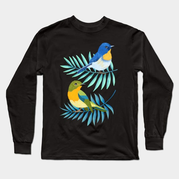 Tropical birds and palm leaves Long Sleeve T-Shirt by CalliLetters